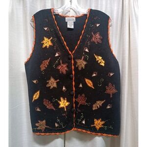 Basic Editions Womens Size L Vintage Fall Leaves Embroidered Beaded Sweater Vest